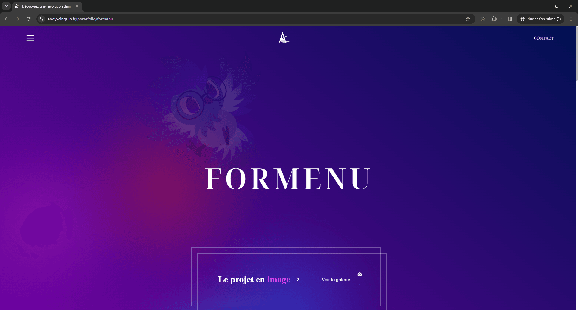 Screenshot of a webpage with purple gradient background, owl graphic, and buttons labeled 'Le projet en image' and 'Voir la galerie'