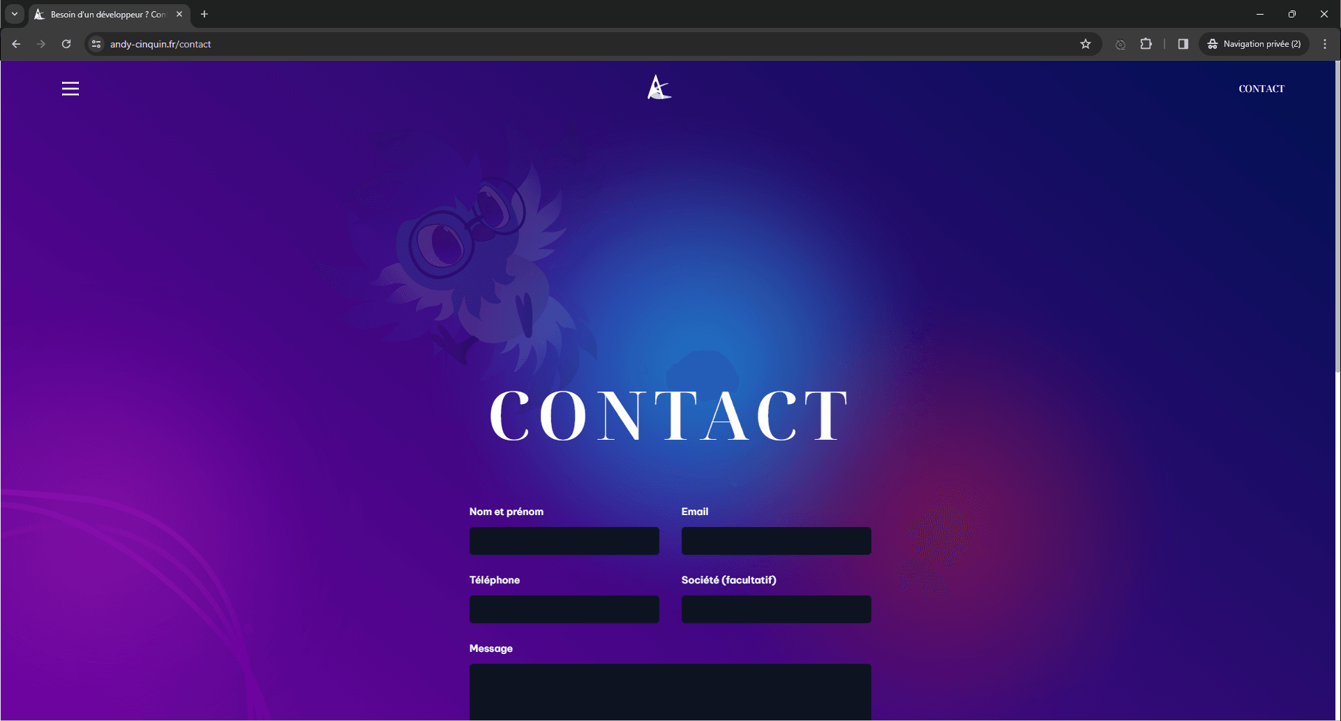 Vibrant blue and purple background with a modern and minimalistic website contact page design showcasing a form with fields for name, email, telephone, company, and message.