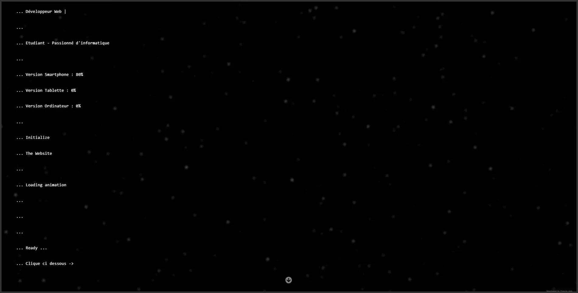 A black screen with white dots resembling a starry night sky, with loading text for a web developer website/application and instructions to click below.