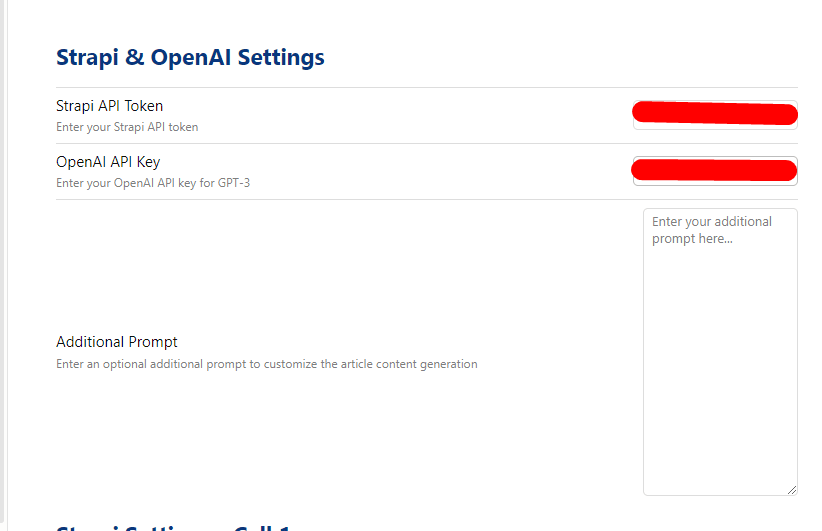 User interface for configuring Strapi & OpenAI settings with input fields for API tokens and additional prompts