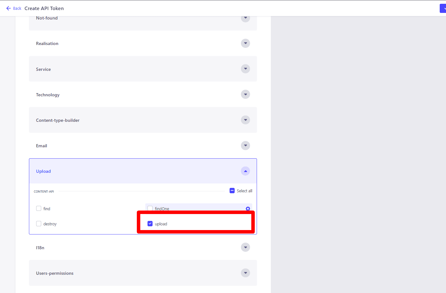 Computer interface for creating an API token with various permissions settings. Highlighted section shows 'upload' permission within the 'Upload' category.