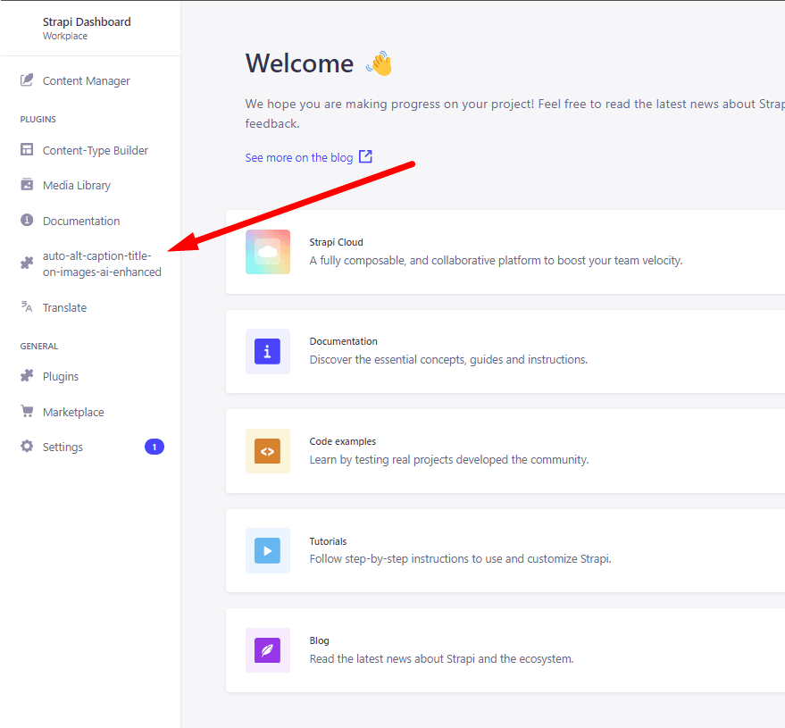 Screenshot of the Strapi Dashboard with various sections like Strapi Cloud, Documentation, Code examples, Tutorials, and Blog for users to explore