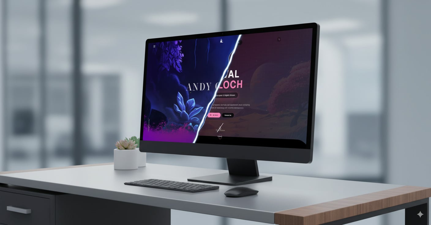 A sleek wooden desk with a modern desktop computer displaying a colorful webpage featuring the name 'Andy' and buttons labeled 'Discover'. A white planter with a succulent adds greenery to the workspace in a well-lit office setting.