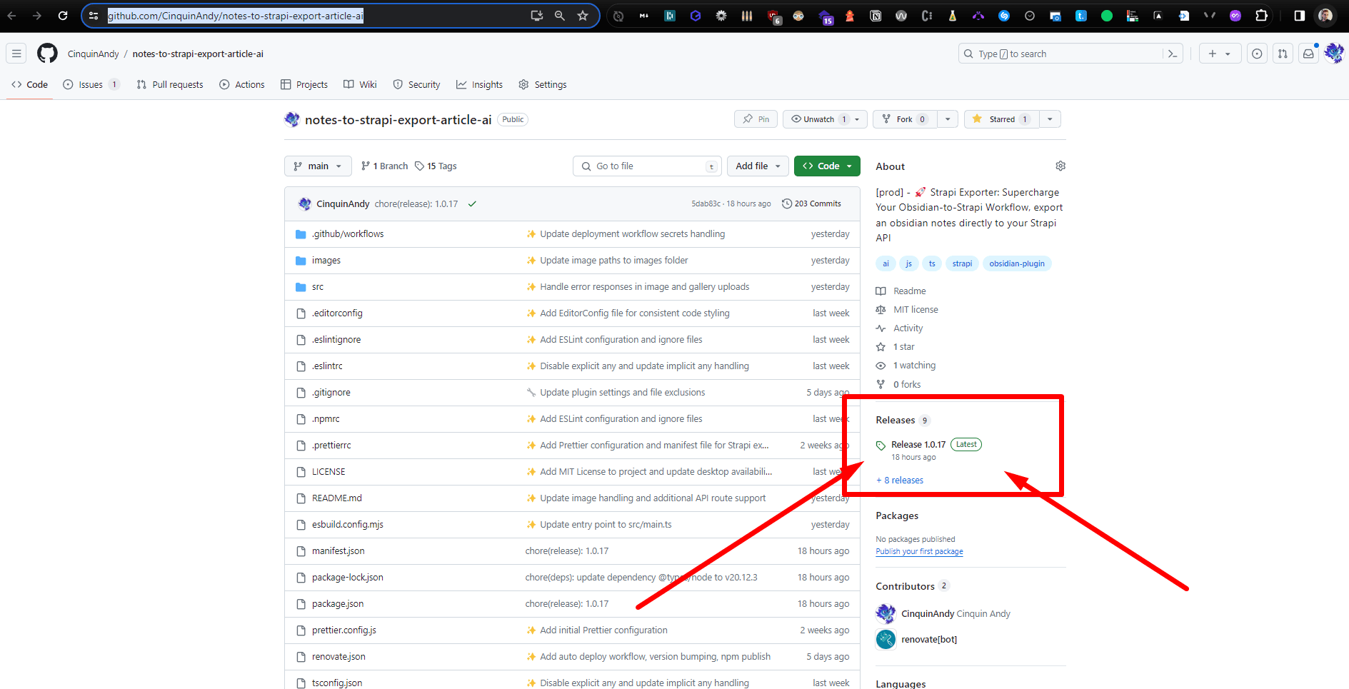 Screenshot of a GitHub repository page showing details about the latest release version labeled as 'Release 1.0.17 (Latest)'