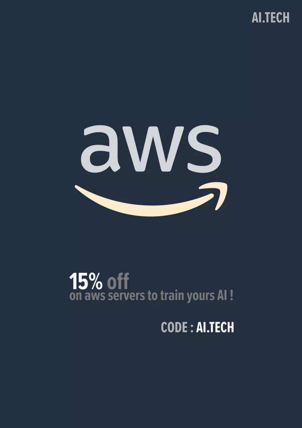 Promotional advertisement offering a 15% discount on AWS servers for training AI with code AI.TECH