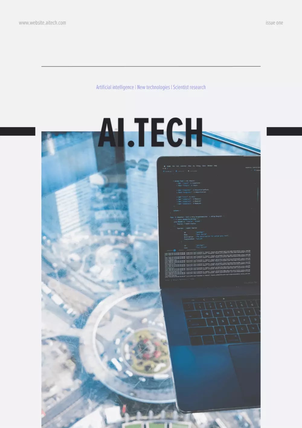 A laptop displaying code on its screen with a cityscape in the background, emphasizing a technology theme with the text overlay 'AI.TECH'