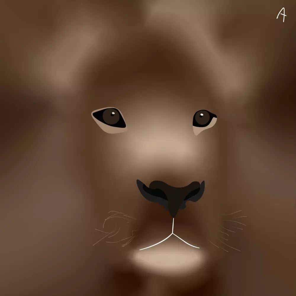 Stylized digital illustration of a lion's face with abstract design on blurred brown background