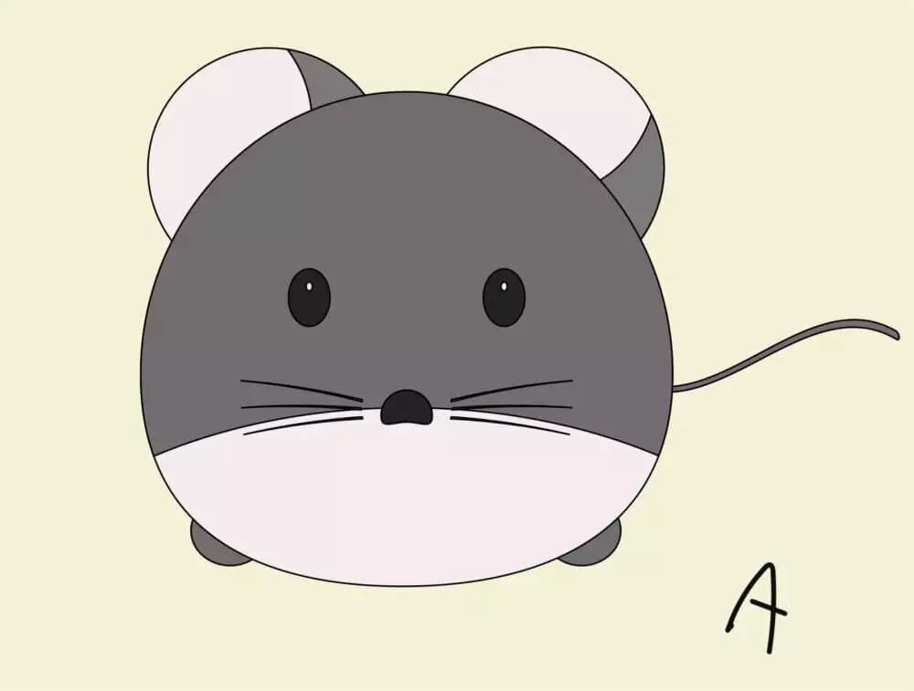 Simple cartoon drawing of a cute grey mouse with large ears and whiskers, standing on a plain background with the letter 'A' in the corner.