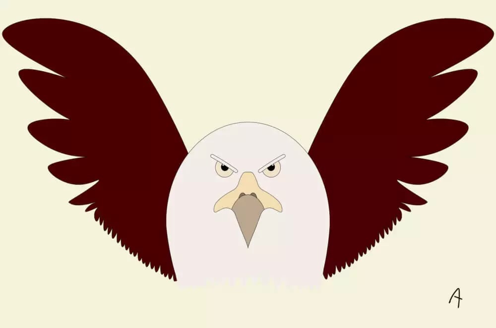 Stylized illustration of an eagle facing forward with wings spread wide and a stern expression