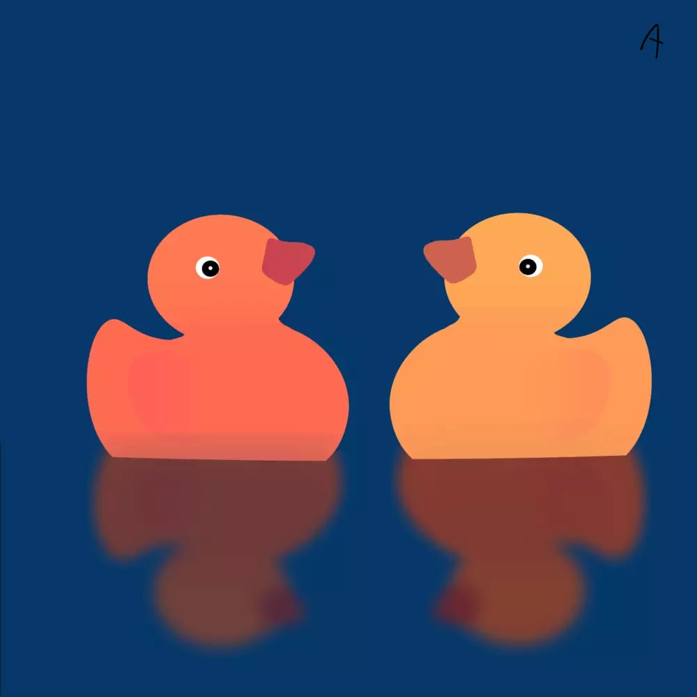Illustrated rubber ducks with reflection on dark blue background