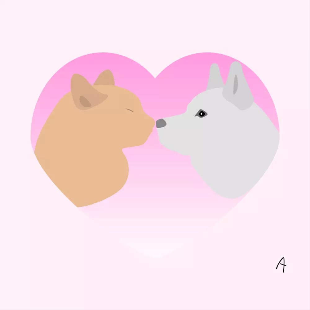 Digital illustration of two cartoon animal faces, brown and grey, touching noses affectionately in front of a large pink heart backdrop