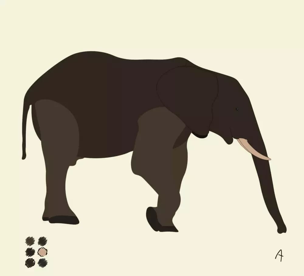 Stylized illustration of an elephant on a beige background with a small color palette and artist's signature.