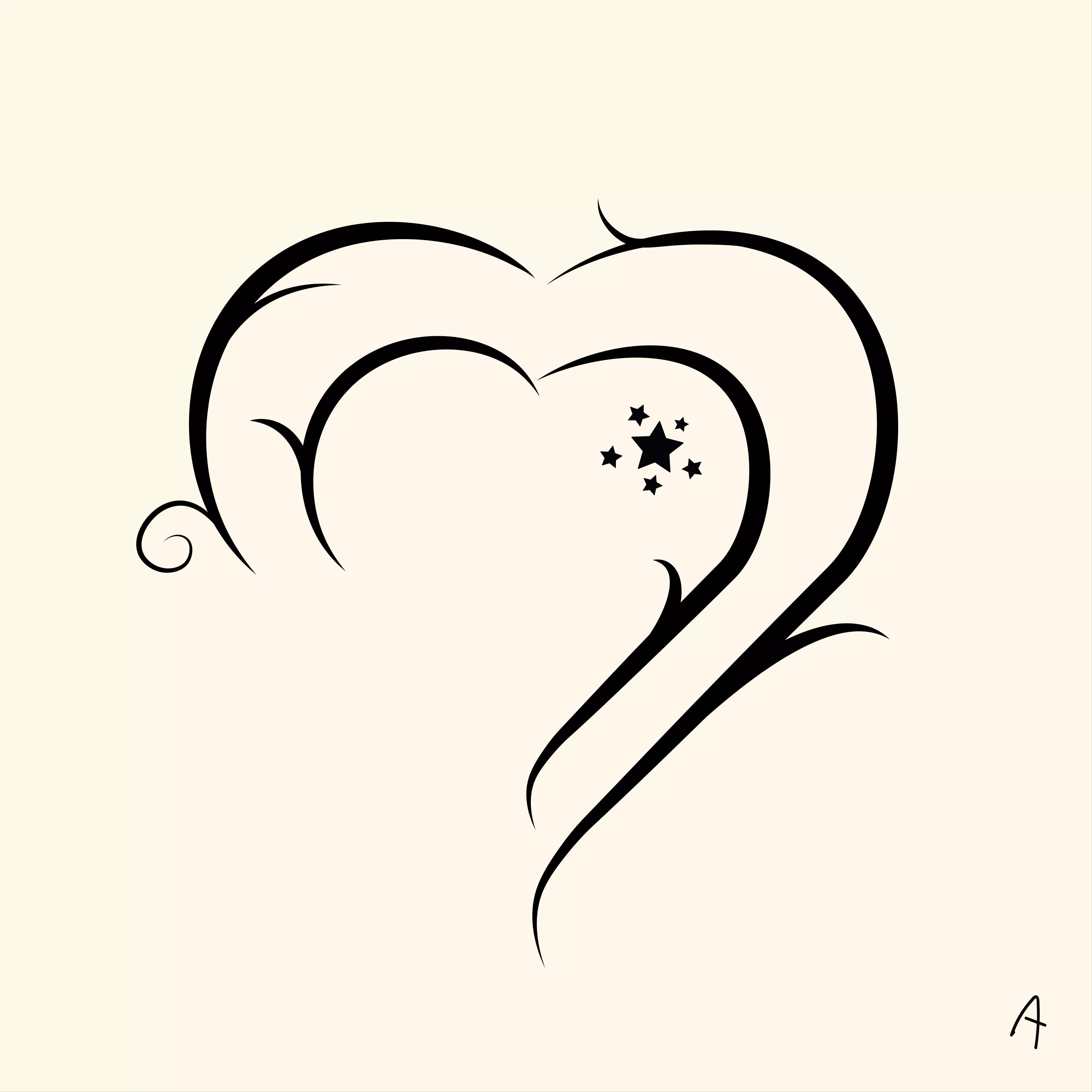 Stylized heart design with a swirl and stars, featuring a small letter 'A' at the bottom right corner
