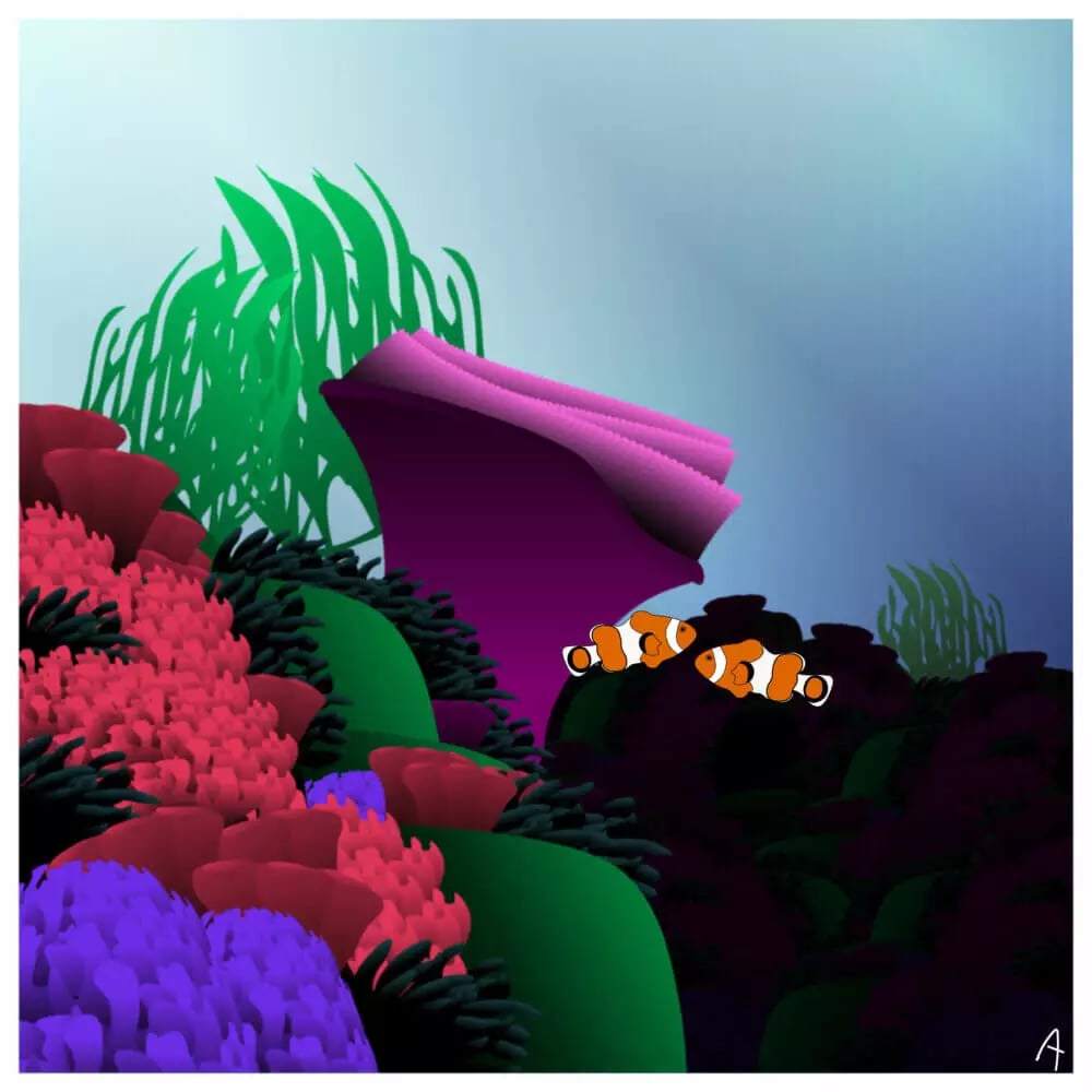 Stylized underwater scene with colorful coral, green seaweed, and a clownfish swimming in the foreground