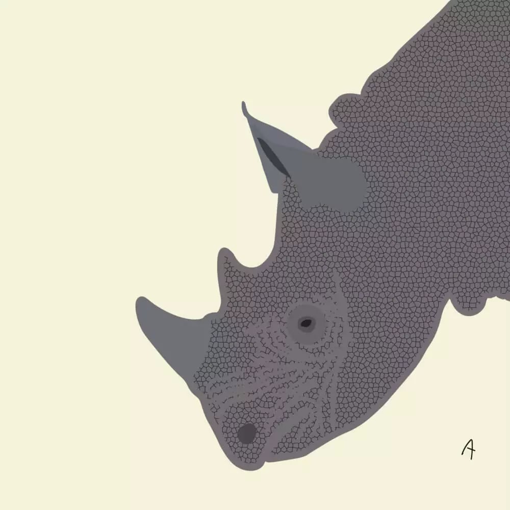 Detailed and calm stylized illustration of a rhinoceros in profile against a plain background