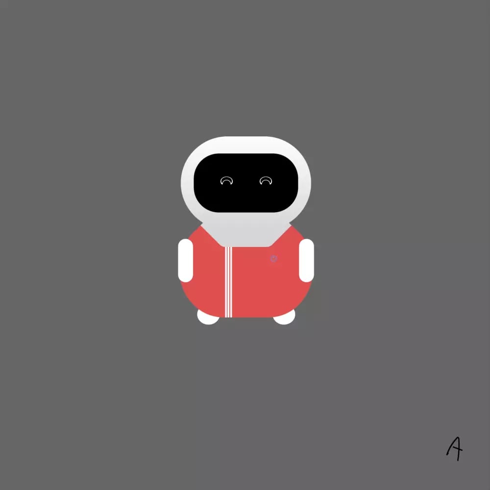 Cartoon illustration of a small robot or astronaut in a red and white suit against a gray background