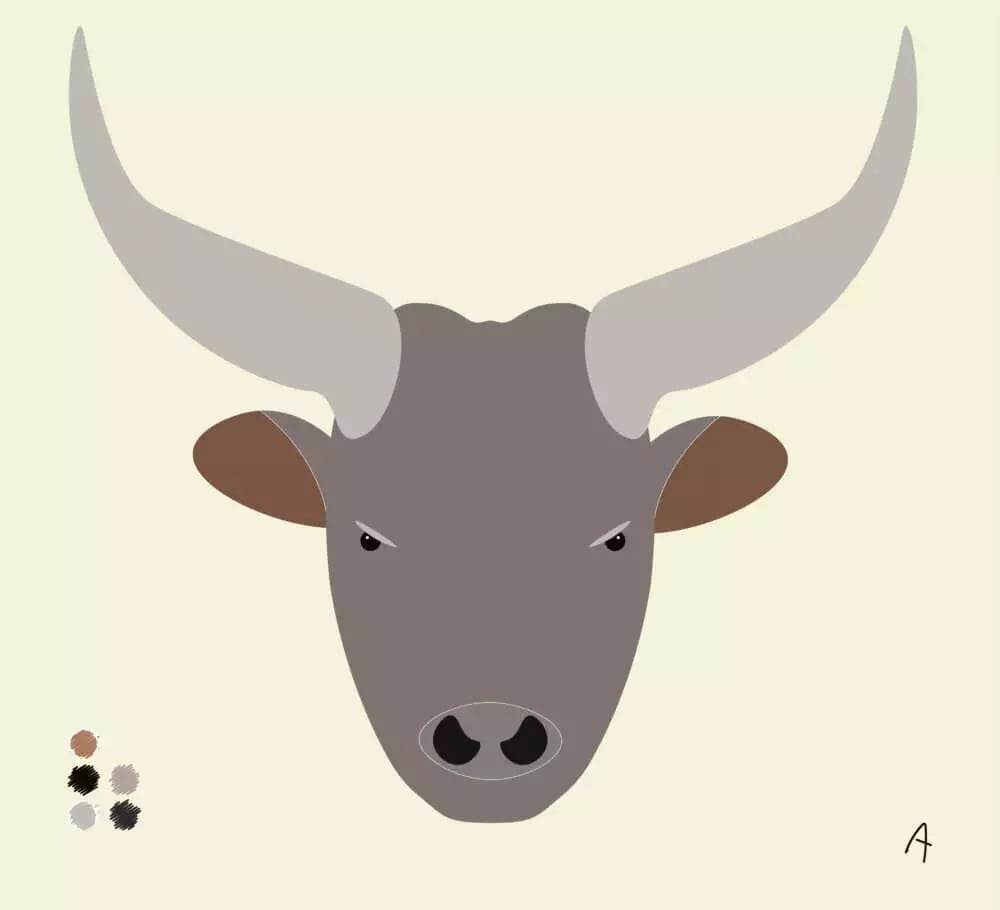 Stylized illustration of a bull's head with prominent horns on a light background