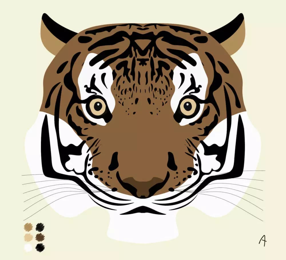 Illustrated face of a tiger with stylized design on pale background