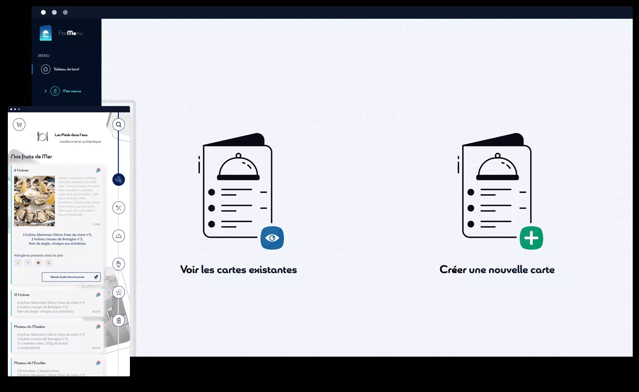 A user interface for a digital menu management system with options on the left sidebar and seafood dishes on a mobile device interface on the left, and icons for menu cards on the right.