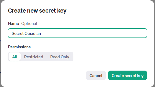 User interface for creating a new secret key with options for naming and setting permissions
