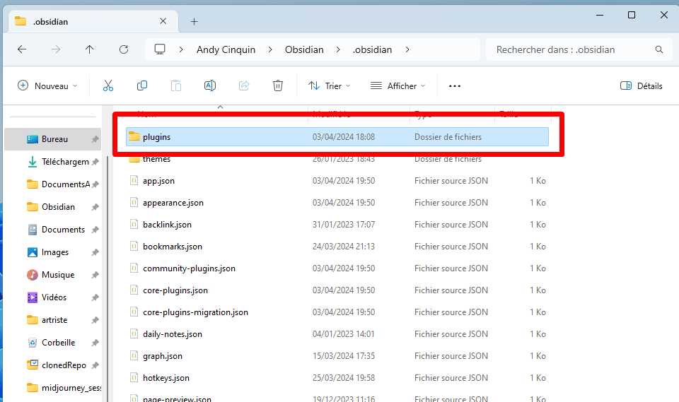 Computer screen displaying a file manager window with a '.obsidian' directory open, highlighting a 'plugins' subfolder. User interface in French.