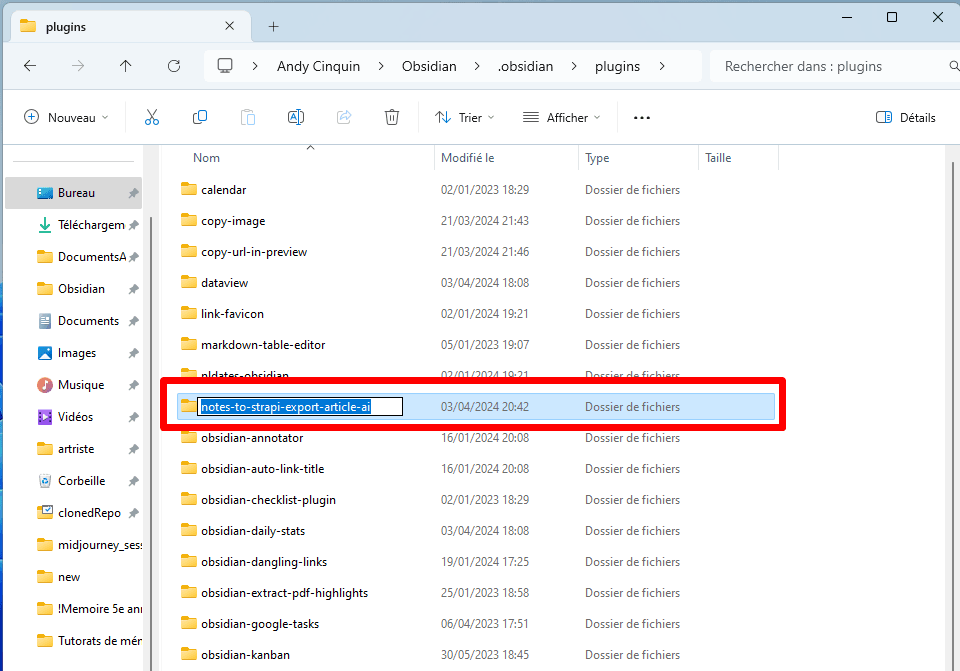 Computer file explorer window displaying folders of plugins for Obsidian software