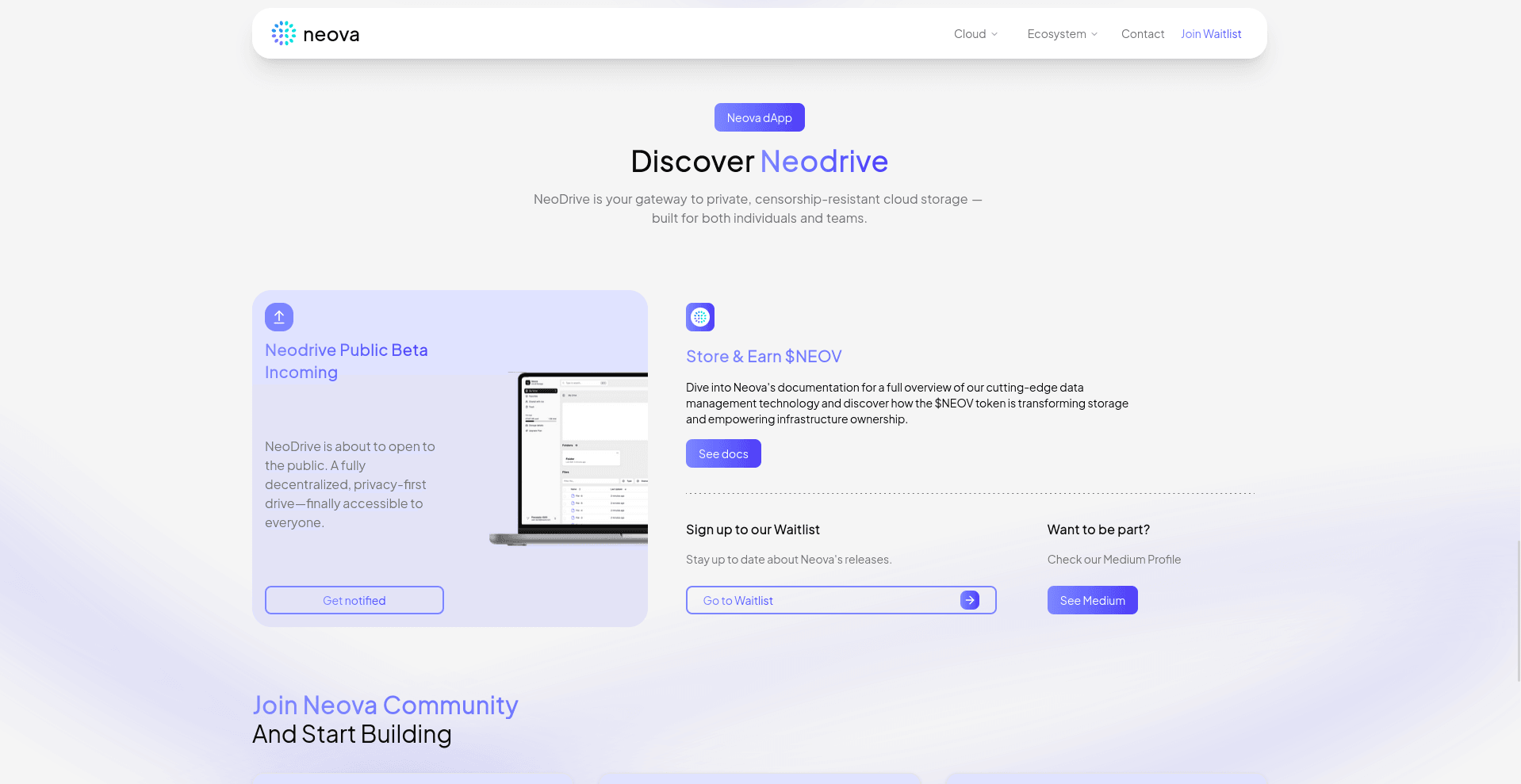 Website layout for NeoDrive featuring a clean design with a header 'Discover NeoDrive', an announcement for the public beta, and options to store data and earn tokens. The layout emphasizes user engagement and easy navigation.