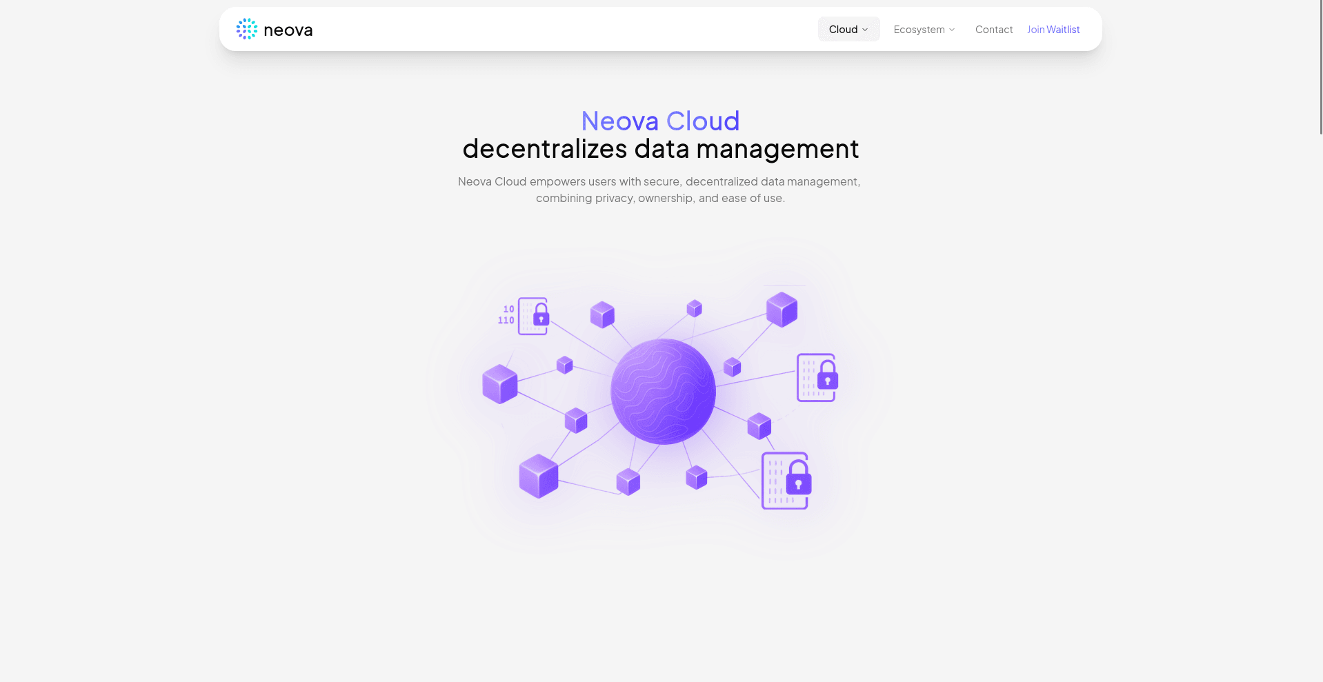 Digital interface for Neova Cloud showcasing decentralized data management with a purple sphere graphic and security icons