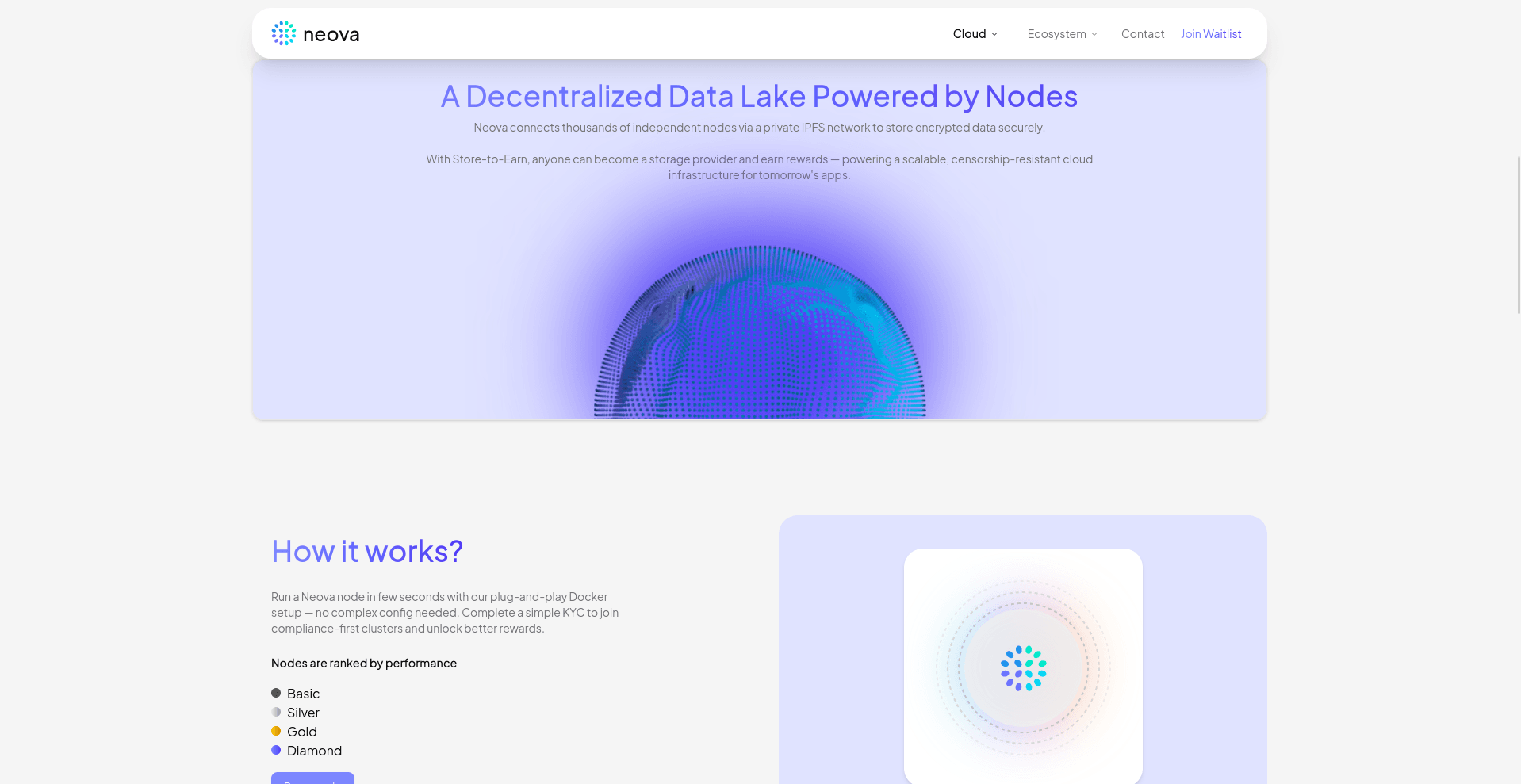 Web page design for Neova showcasing a decentralized data lake concept with independent nodes storing encrypted data, featuring a circular graphic for data flow illustration and a gradient light purple background.