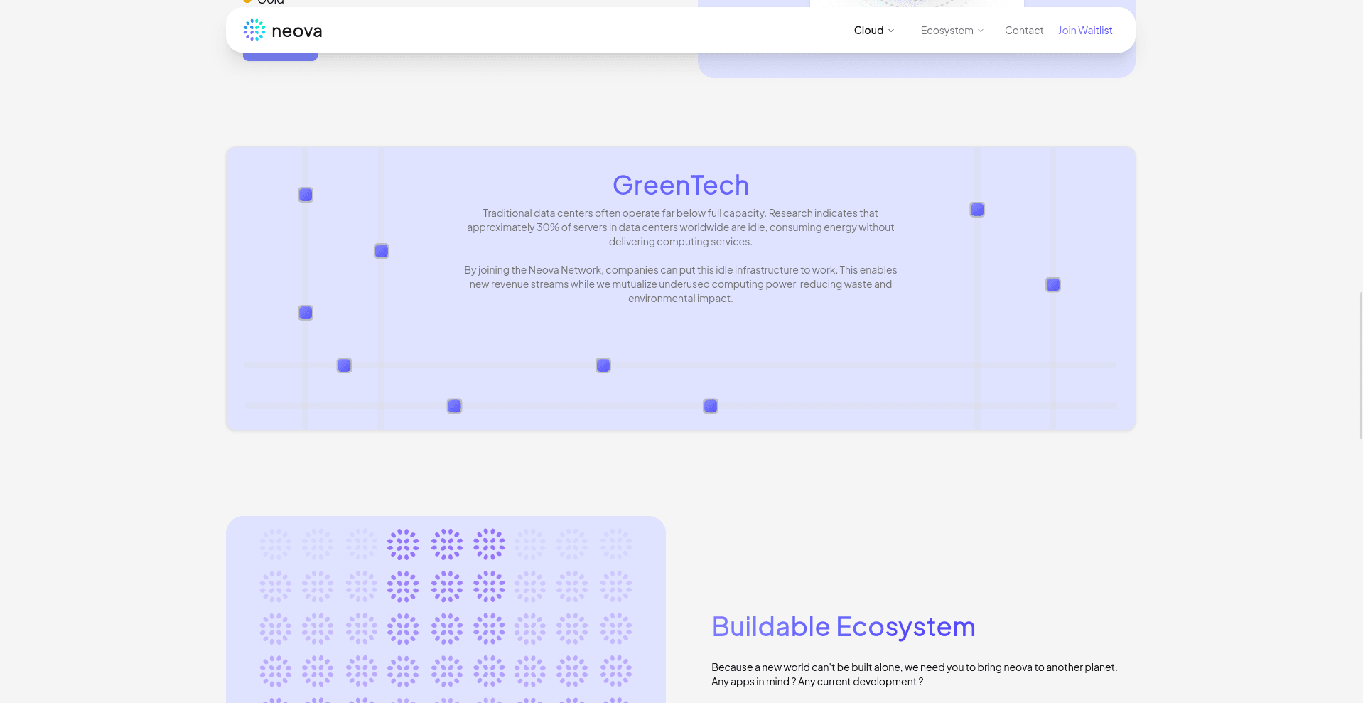 A digital interface showcasing the website features of GreenTech and Buildable Ecosystem, including a search bar labeled 'neova', navigation links, and highlighted sections on environmental benefits and collaborative development.