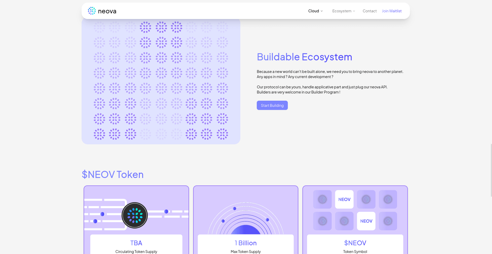 Webpage design for Neova featuring a buildable ecosystem for developers, with sections highlighting the $NEOV token and collaboration opportunities. Clean and modern layout with navigation options.
