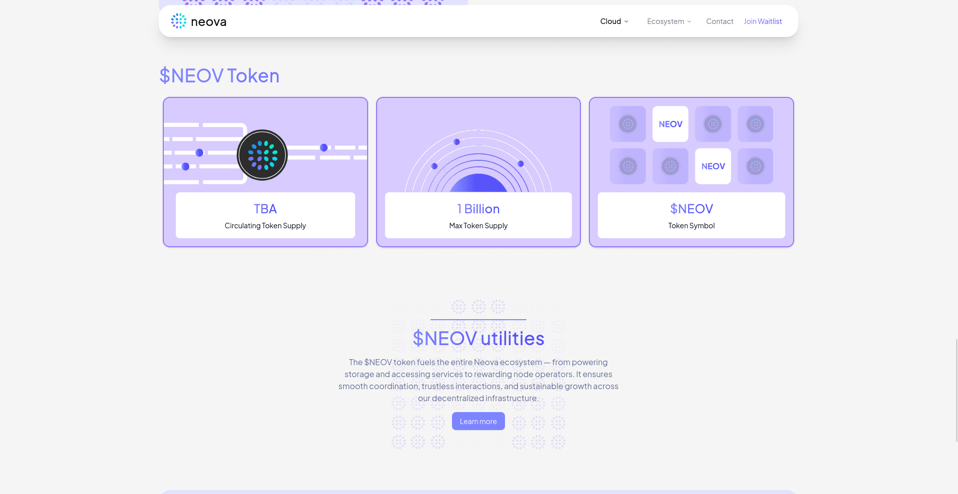 Web page layout for $NEOV Token featuring Neova logo, token supply information boxes indicating TBA and 1 Billion, and a description of the token's utilities within the Neova ecosystem.