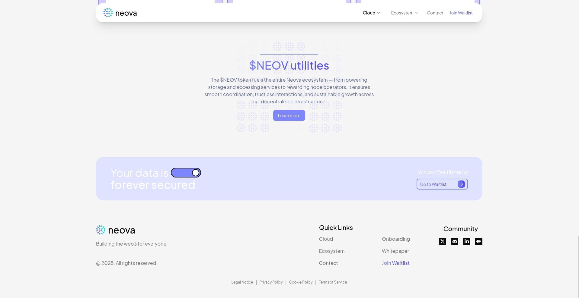 Web page design for Neova showcasing its decentralized ecosystem powered by the $NEOV token, featuring sections for Cloud, Ecosystem, Join Waitlist, and secure data management.