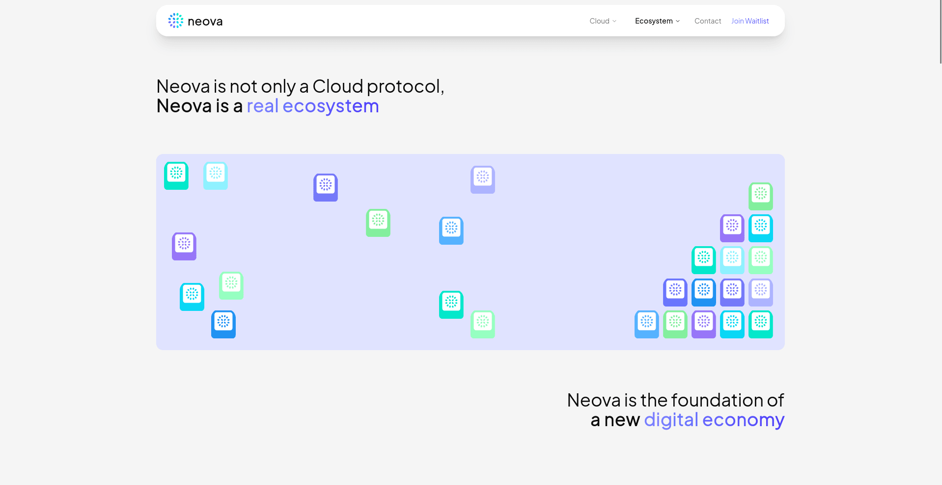 Image showcasing Neova brand with a modern layout, featuring the brand name at the top, options for Cloud, Ecosystem, and Contact on the right. It highlights Neova as a Cloud protocol and a real ecosystem with colorful blocks representing its compone