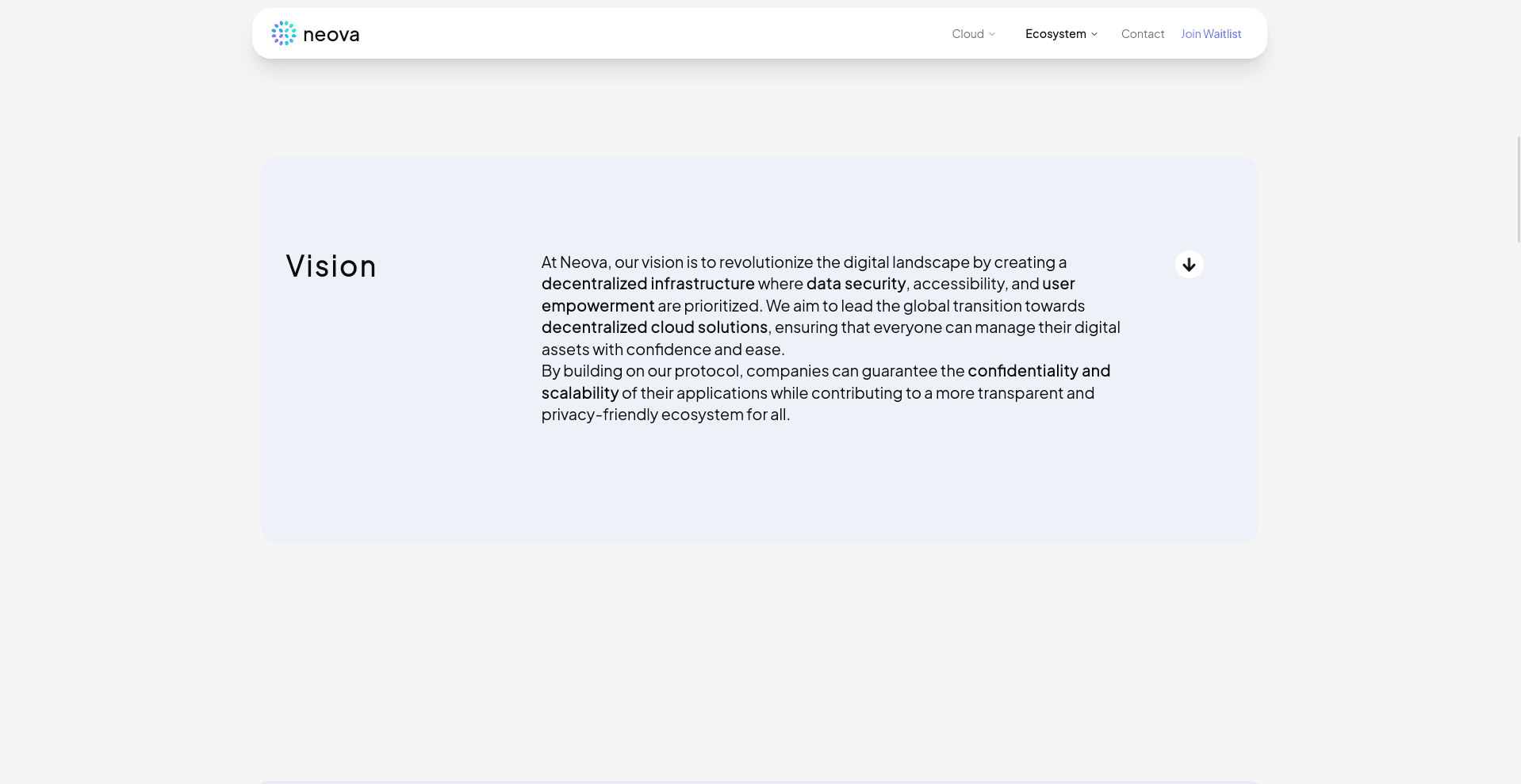 Webpage showcasing Neova's vision, featuring a minimalist design with a focus on decentralized infrastructure, data security, and user empowerment.
