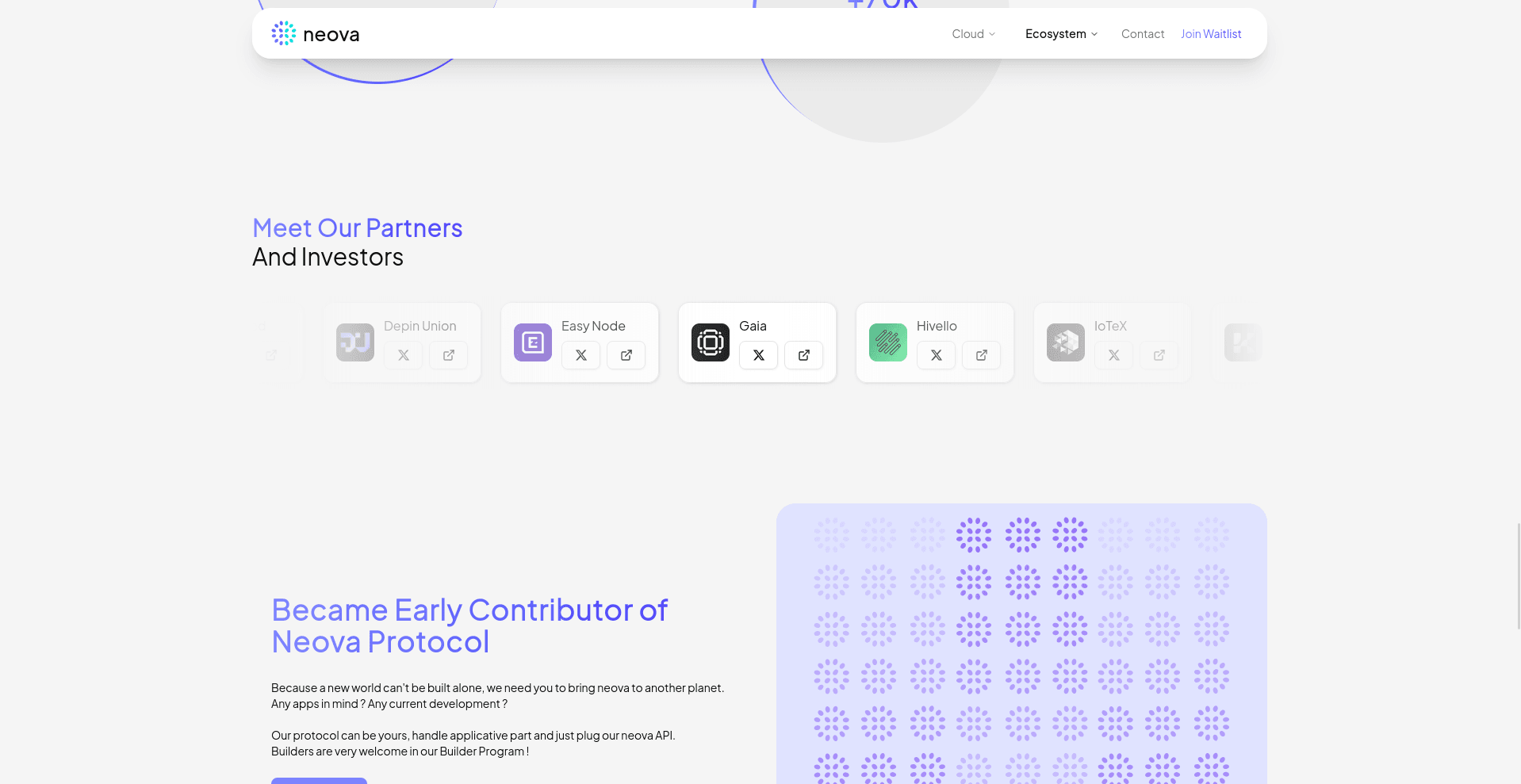 Modern web page design for Neova highlighting partners and investors, featuring logos of companies like Depin Union, Easy Node, and Gaia. The section also invites early contributors to the Neova Protocol, showcased in a light color scheme.