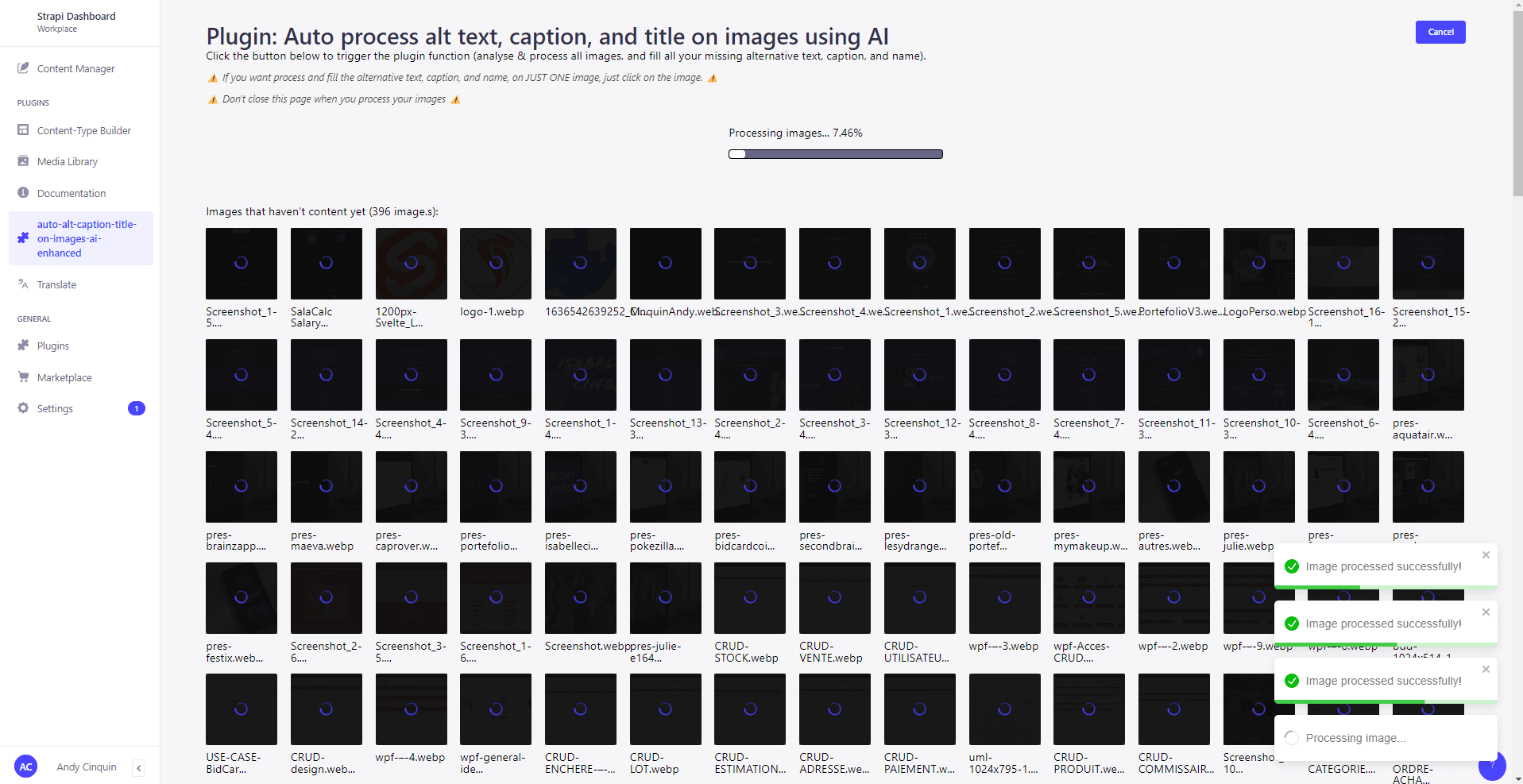 Computer screen displaying a content management system interface with an AI plugin processing images to generate alt text, captions, and titles.