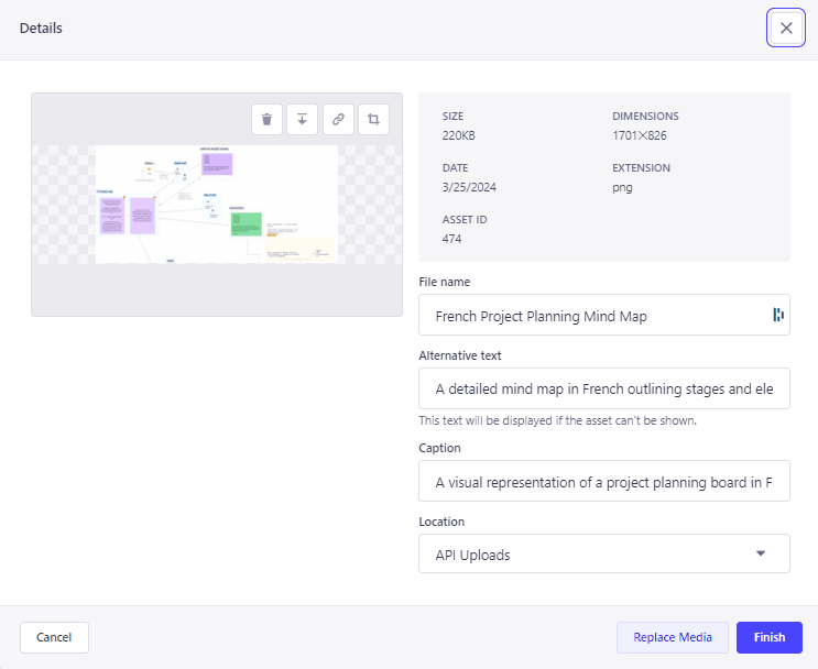 Preview of a French Project Planning Mind Map in a software interface with editing options and file details