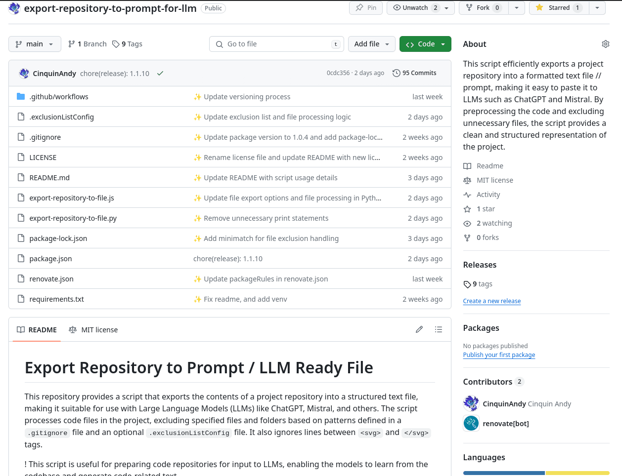 GitHub repository page displaying files related to exporting a project repository to formatted text for large language models like ChatGPT and Mistral.