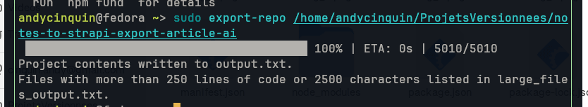 Screenshot of a computer terminal with a progress bar at 100% showing completion of a command to export a repository to an 'output.txt' file on a Linux-based system.