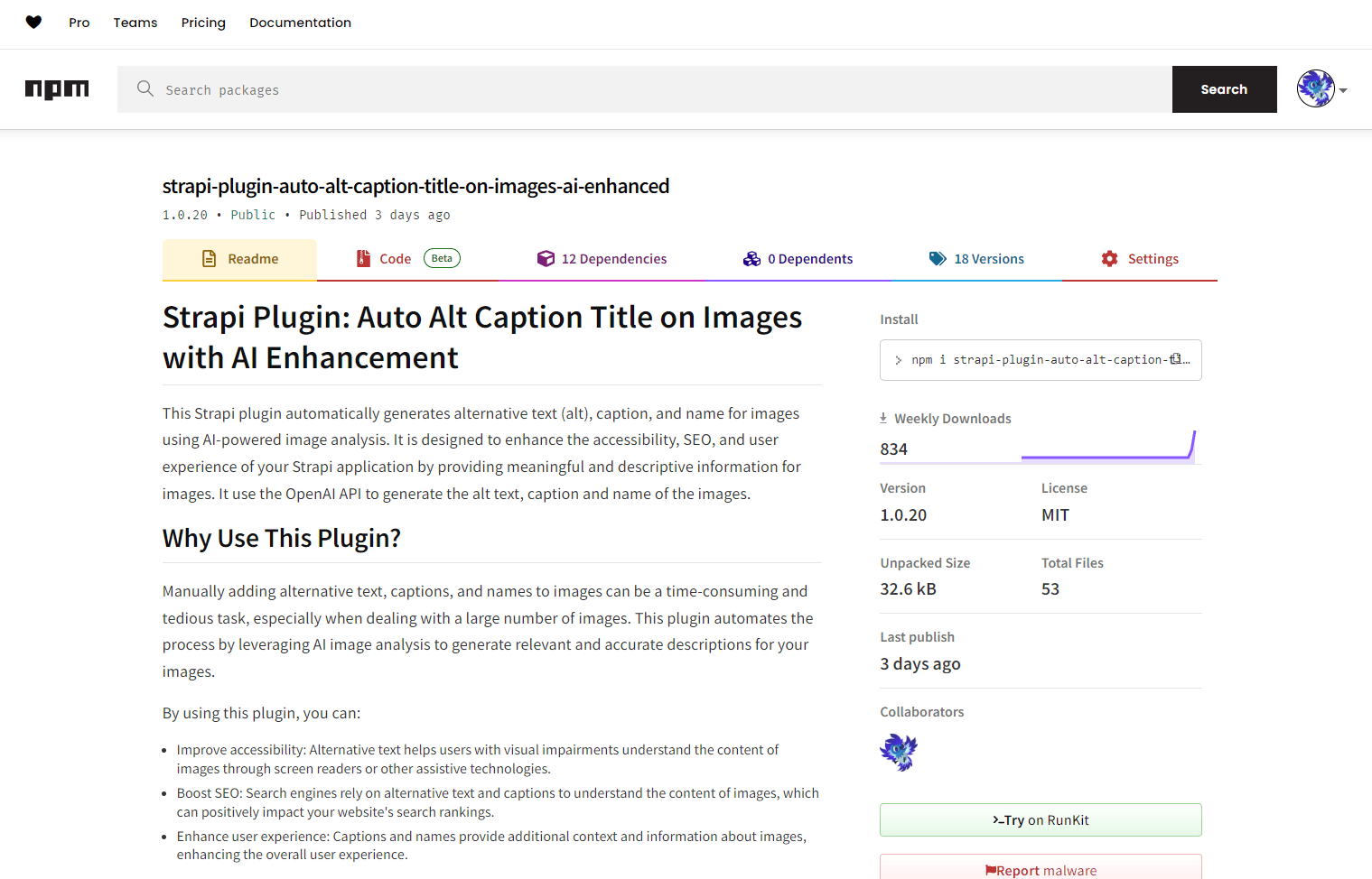Screenshot of npm web page showing details of Strapi plugin for auto alt text, captions, and titles on images using AI