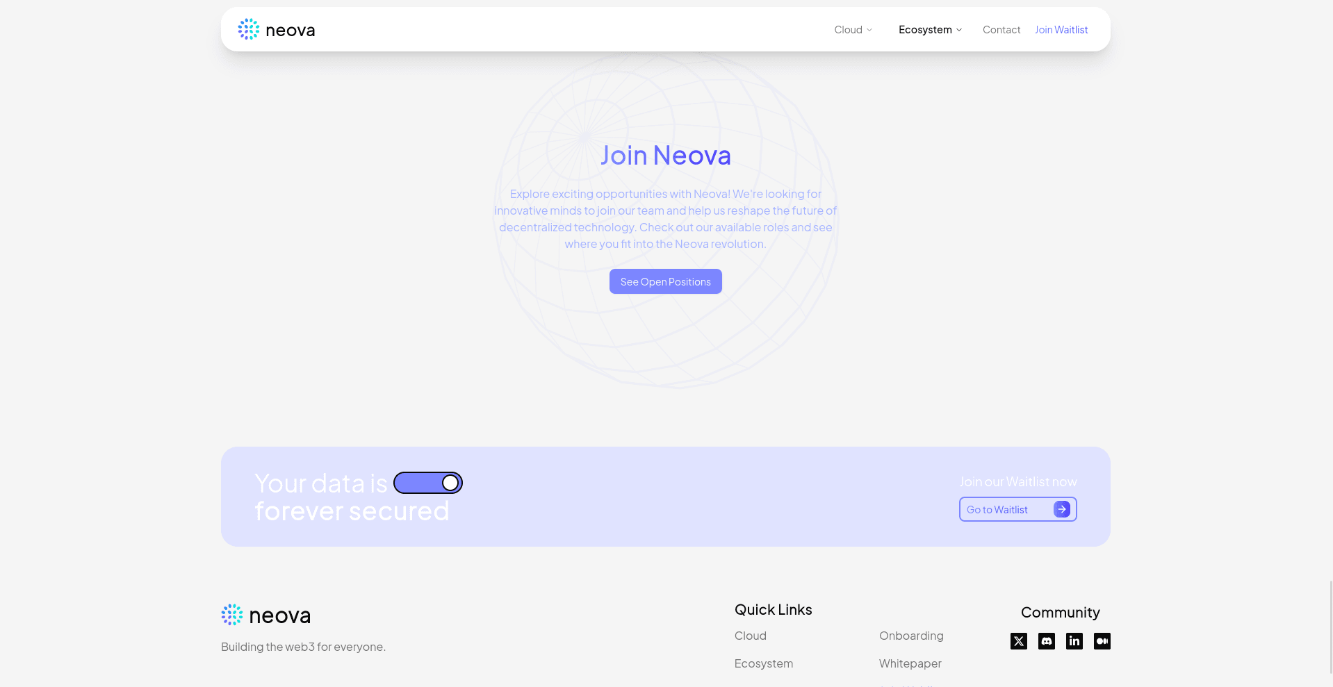 Screenshot of the Neova company webpage featuring a clean and modern design with navigation options, a welcoming message for job seekers, a call-to-action for open positions, and a focus on data security.
