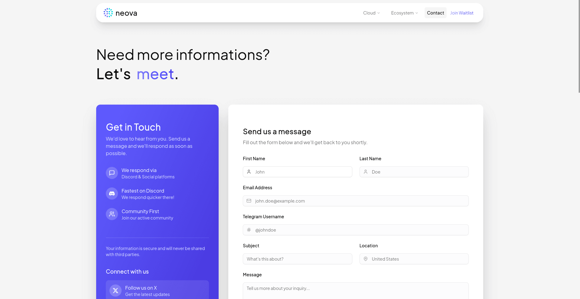 Modern Neova contact form featuring 'Get in Touch' options, including contact via Discord and social platforms. Fields for first name, last name, email, Telegram username, subject, and message, designed with a purple sidebar.