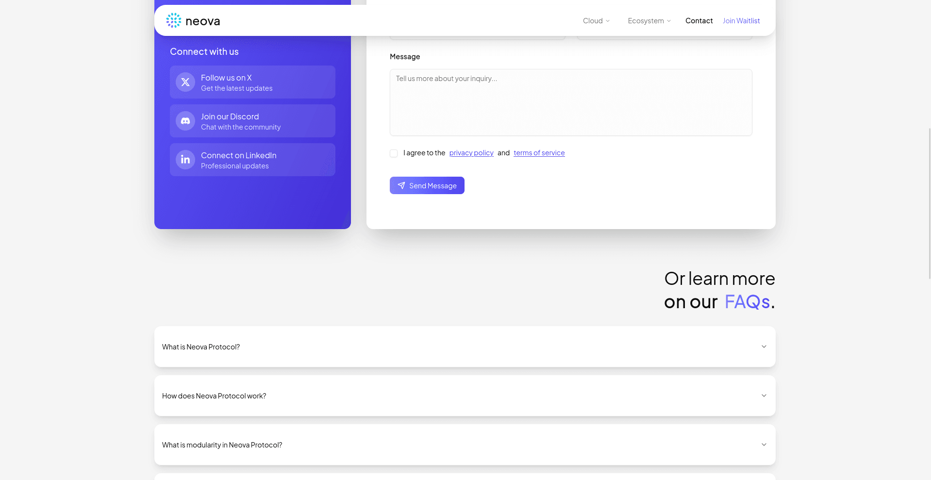 Screenshot of the Neova website interface showing the contact section with social media links to X, Discord, and LinkedIn, along with a message input area, privacy policy agreement checkbox, and frequently asked questions about the Neova Protocol.