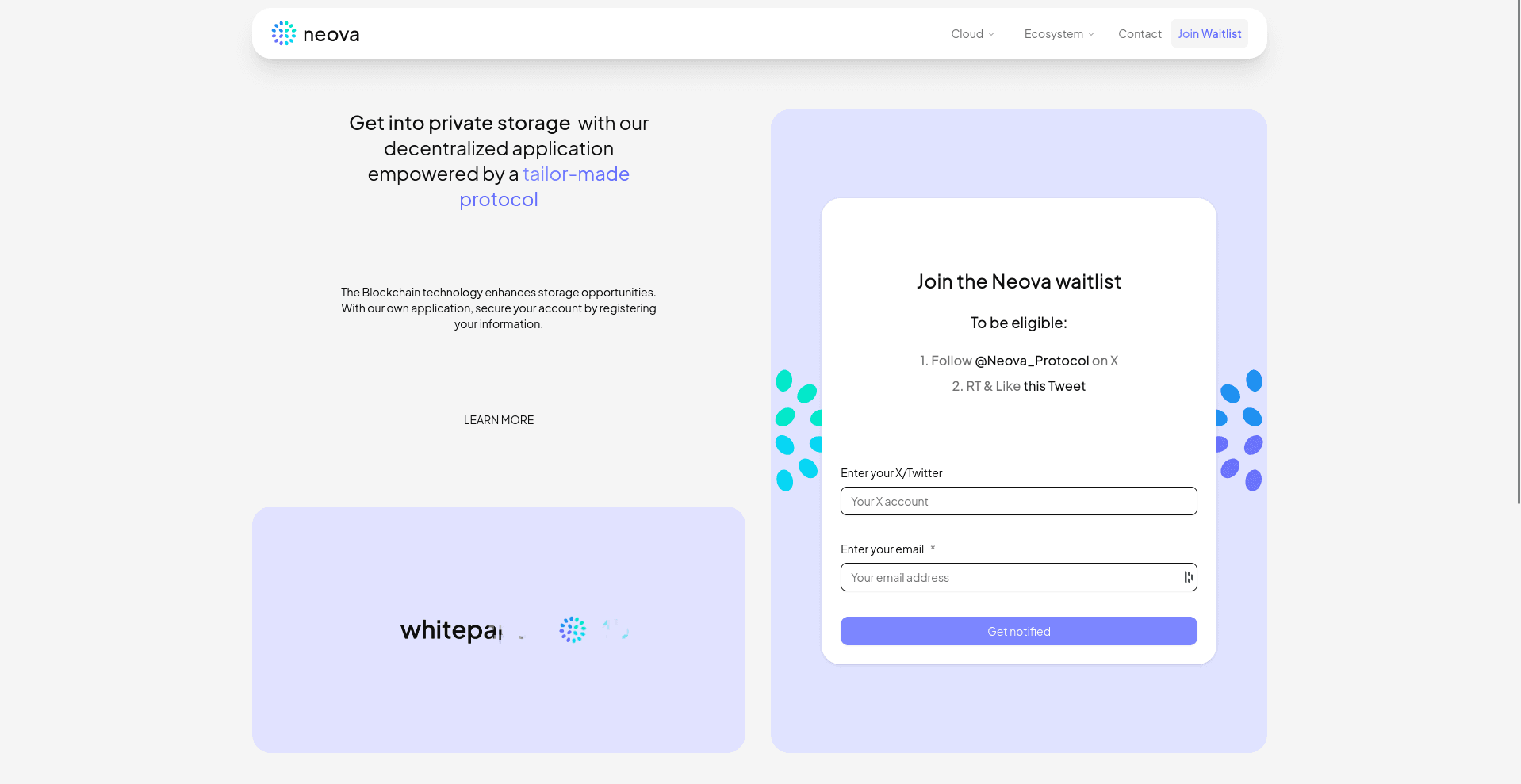 Website layout for Neova's decentralized application showcasing private storage solutions, featuring the Neova logo, introductory tagline, and user engagement section for joining the waitlist.