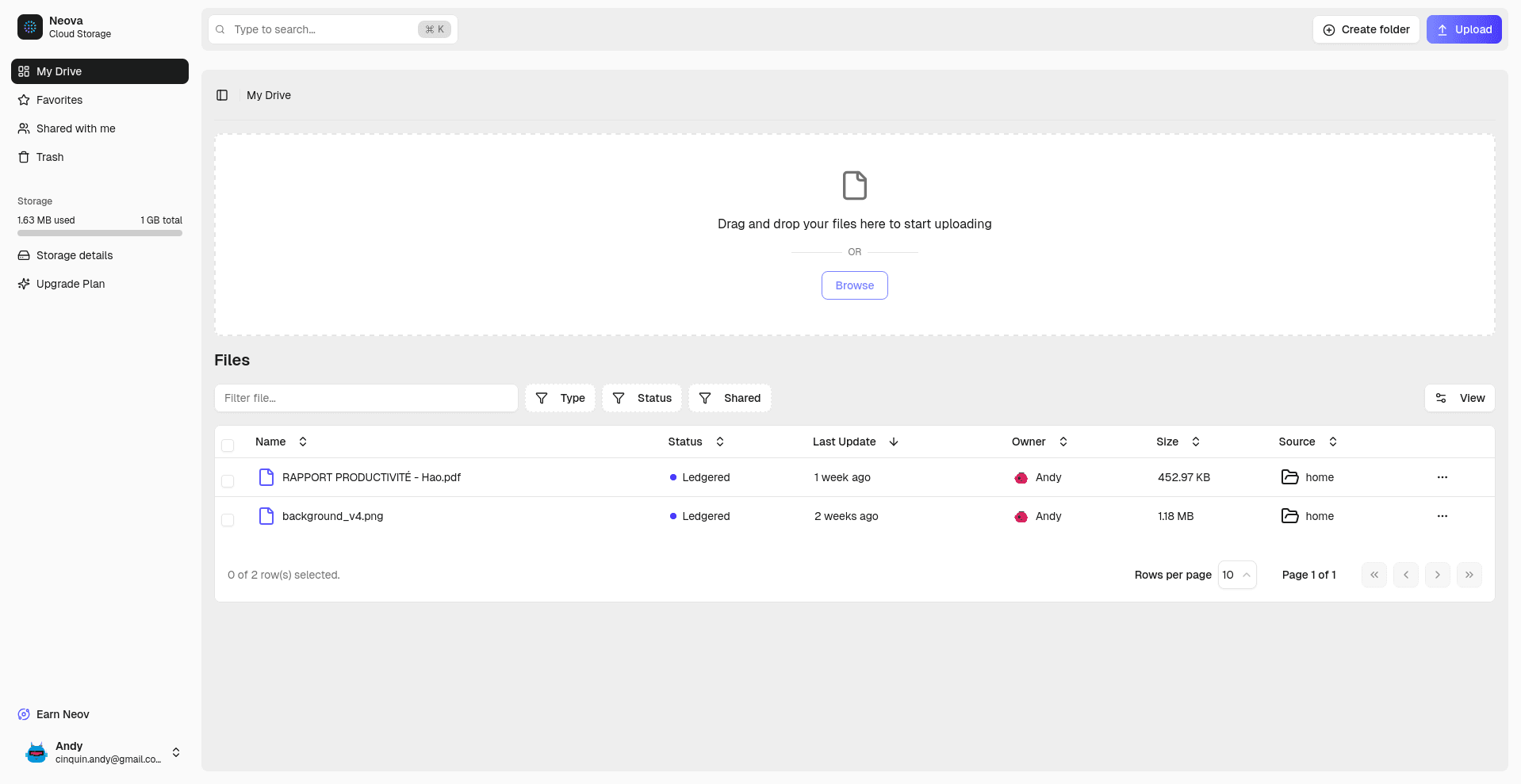 User interface of Neova cloud storage service showcasing the My Drive section, featuring file upload options and a list of files including RAPPORT PRODUCTIVITÉ - Hiao and background_v4.png associated with user Andy.