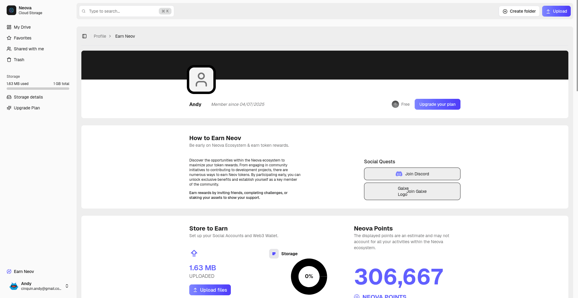 Screenshot of Neova Cloud Storage profile section showcasing user Andy's profile. Displays registration date, earning instructions for Neov rewards, social quest options, user storage details, and total Neova Points.