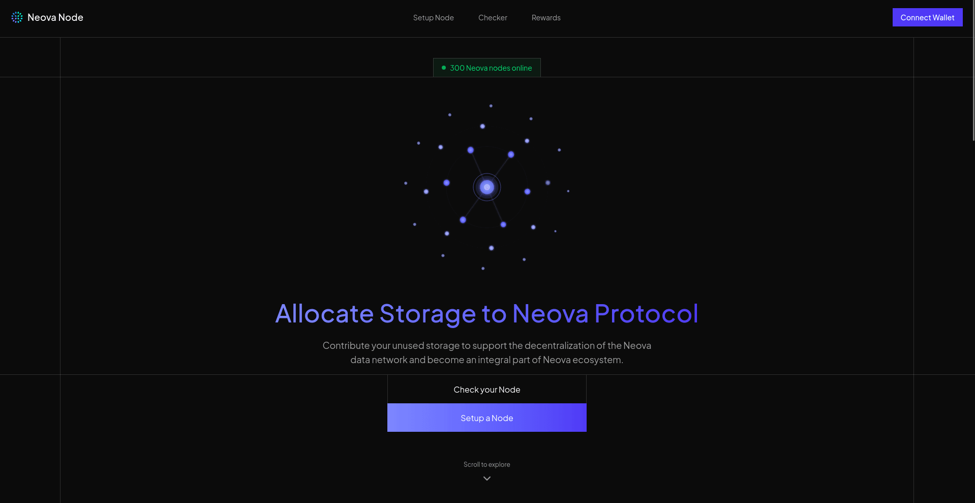 Dark-themed user interface of the Neova Node platform showcasing storage allocation for the Neova Protocol, featuring buttons to check and set up nodes along with a network of interconnected nodes.