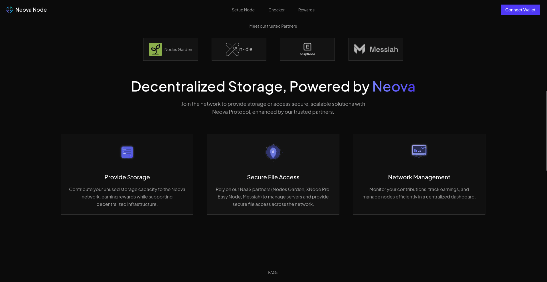 Screenshot of the Neova Node webpage featuring a dark theme focused on decentralized storage, with navigation elements for Setup Node, Checker, Rewards, and a Connect Wallet button.