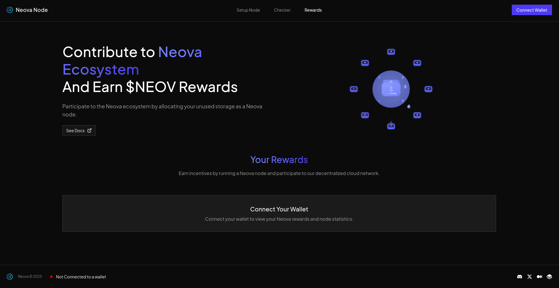Screenshot of the Neova Node platform web interface showcasing a dark-themed layout with sections for 'Your Rewards', 'Connect Your Wallet', and 'See Docs'. Features include a central icon representing the node network and notifications about wallet 